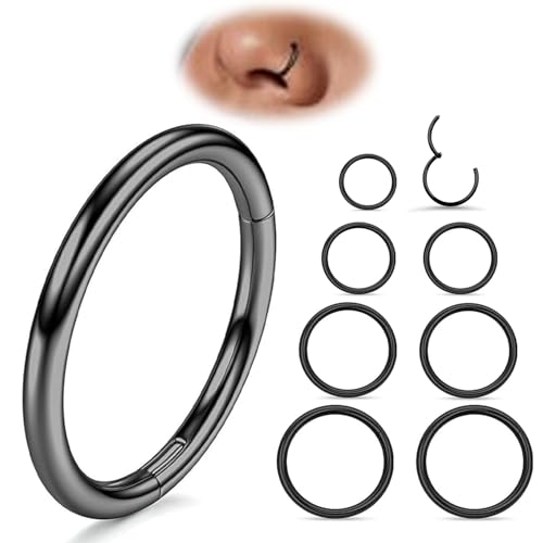 Nose Rings 20G 18G 16G 316L Surgical Steel Hinged Clicker Segment Nose Hoop Helix Cartilage Daith Tragus Sleeper Earrings Body Lip Piercing Jewelry for Women Men 6mm 7mm 8mm 10mm 12mm - style: 09:Black-16G*6/8/10/12mm(8pcs)