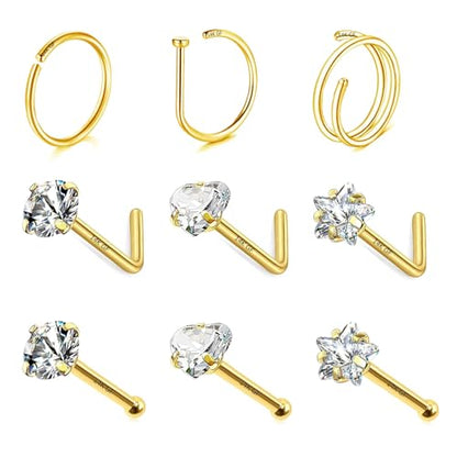 3 Pcs 14K Gold Filled Nose Studs 20G Stainless Steel Stud Nose Ring 2mm/2.5mm/3mm Round CZ L Bend Nose Stud Hypoallergenic Nose Piercing - color: gold hoop stud 10