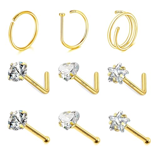 3 Pcs 14K Gold Filled Nose Studs 20G Stainless Steel Stud Nose Ring 2mm/2.5mm/3mm Round CZ L Bend Nose Stud Hypoallergenic Nose Piercing - color: gold hoop stud 8