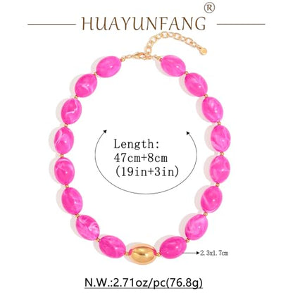 Chunky Beads Necklace for Women Trendy Gold Puffy Heart Choker Necklace Colorful Resin Beaded Heart Pendant Necklaces Statement Jewelry - color: Oval Beads-Rose Red