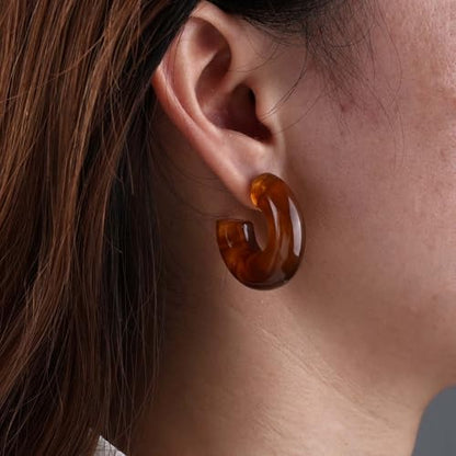 Chunky Acrylic Hoop Earrings White Resin Open Circle Hoop Earrings Round Pearl Studs Thick Acrylic C Shape Earring Pearl Front Back Earring Jewelry for Women - color: Brown