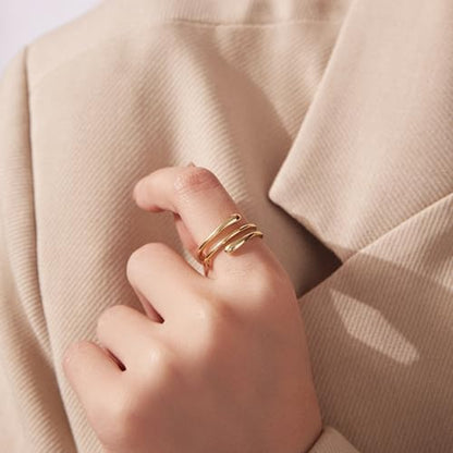 MUNDELL 925 Sterling Silver Simple Multi-layer Leaf Adjustable Ring Green Lucky Leaves Statement Ring for Women Promise Ring Fine Jewelry - color: 14K Gold