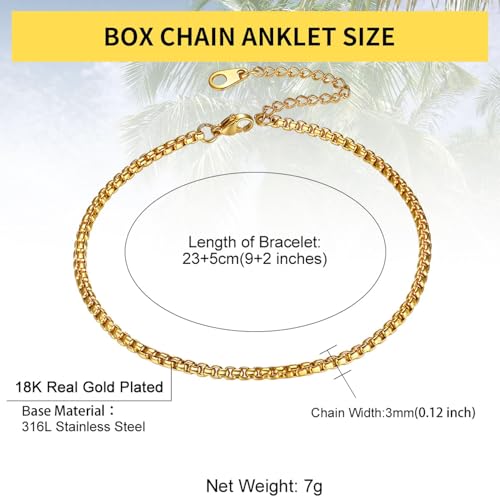ChainsHouse Ankle Bracelets for Women, Stainless Steel Beaded Chain Ankle Bracelet, Womens Heart Anklets for Summer Beach Jewelry Gifts - color: H: box-3mm-gold