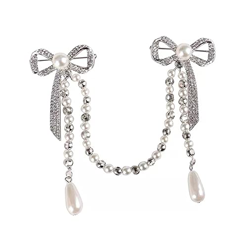 Suits Pearl Double Bow pearl Chain Brooch Pearl-Crystal Anti-exposure bowknot tassel brooch for girls and women