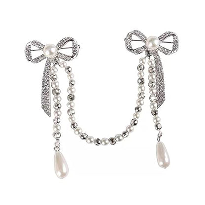 Suits Pearl Double Bow pearl Chain Brooch Pearl-Crystal Anti-exposure bowknot tassel brooch for girls and women
