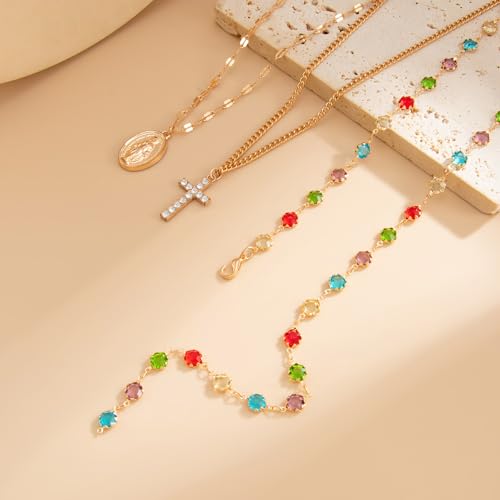 Layered Cross Necklace Set for Women, Layered Choker Necklaces Trendy Jewelry, Colorful Enamel Beaded Y-Shaped Lariat Necklace, Boho Multilayer Cross Necklace for Party and Daily Wear - color: Gold-12