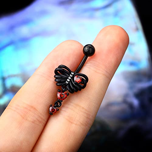 Black Skeleton Heart Belly Button Rings Dangle Halloween Navel Rings 14G Belly Piercing Jewelry Stainless Steel - color: Red