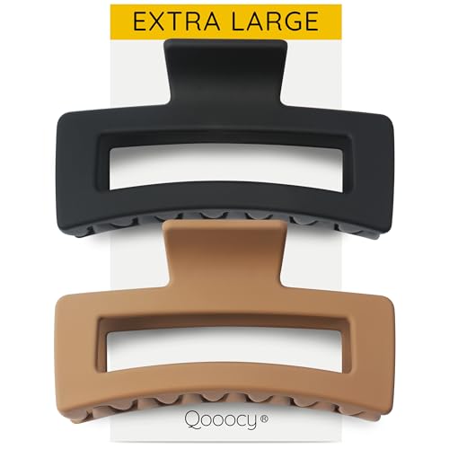 XXL Jumbo Rectangle Claw Clips for Thick Hair - Strong Hold Hair Clips | Rectangle Design | Matte Finish | Non Slip | Wide Opening | 2 Pack (Black & Khaki) - color: Black & Khaki