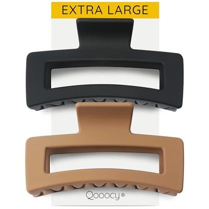 XXL Jumbo Rectangle Claw Clips for Thick Hair - Strong Hold Hair Clips | Rectangle Design | Matte Finish | Non Slip | Wide Opening | 2 Pack (Black & Khaki) - color: Black & Khaki