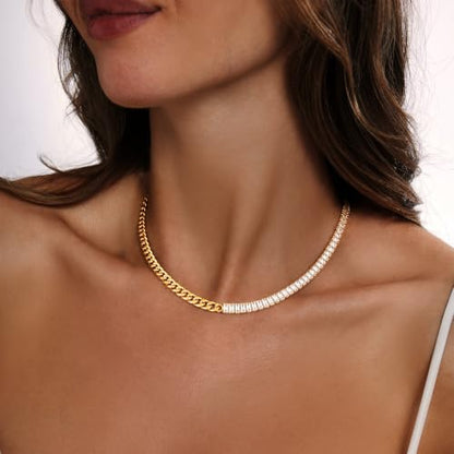 IMBOS 14K Gold Plated Chunky Chain Choker Necklaces for Women Chunky Gold Necklace Tennis Necklace for Women CZ Love Chain Cuban Link Choker Jewelry Gifts - color: Gold-Baguette Cuban