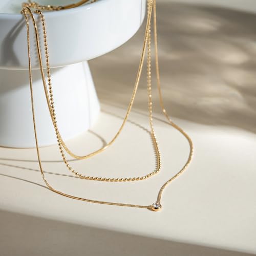 Women Stainless Steel Triple Strand Chain Necklace w Crystal Charm | Multi-Layered Dainty Style Three Layer Bead and Snake Chain Waterproof Non-Tarnish Trendy Jewelry Gifts - color: Gold