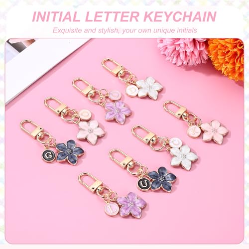 PATIKIL Flower Initial Keychain, Letter Keychain Charm Graceful Flower with Letter for Women Pendant Key - color: Purple