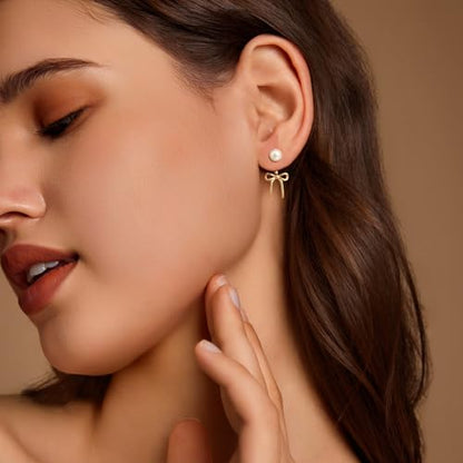 Pearl Earrings for Women 14k Gold/Silver Pearl Drop Earrings Long White Pearl Tassel Dangle Statement Earrings Bridal Wedding Dainty Prom Earrings Birthday Gifts Jewelry - color: Gold Bow Pearl Earrings