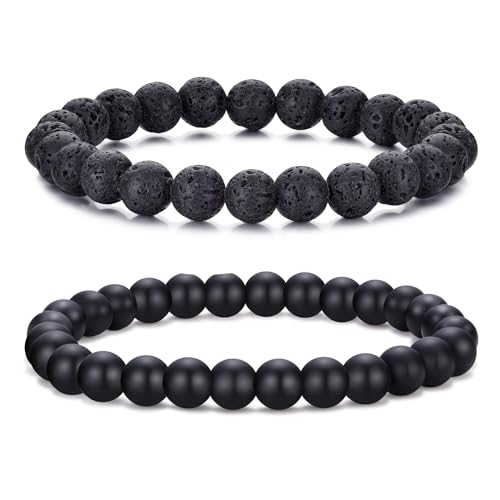 Mens Bead Bracelet Set - Adjustable Elastic Rope With 6&8MM Natural Stone Multi-Colored Beads - Tiger Eye Bracelets for Men - Gift - style: 2,Black,Lave beads
