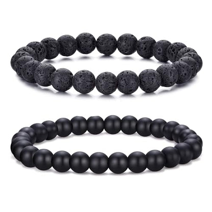 Mens Bead Bracelet Set - Adjustable Elastic Rope With 6&8MM Natural Stone Multi-Colored Beads - Tiger Eye Bracelets for Men - Gift - style: 2,Black,Lave beads
