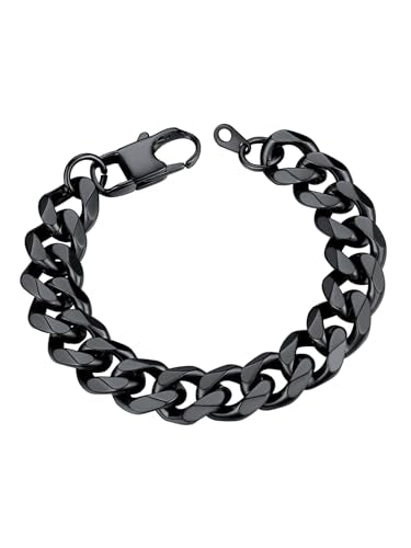 U7 Link Bracelets for Men, Cuban Link/Rope/Watch Band Solid Bracelet, Silver Black Gold Color Wrist Bracelet 3/6/9/12/15mm Width, 6.5/7.5/8.3 Inch Length, Hand Chain Jewelry for Mens Women - color: Cuban-Black, size: 12mm, 7.5 inches