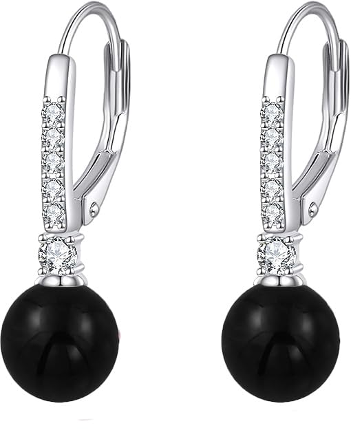 TIGER RIDER Pearl Earrings 925 Sterling Silver Leverback Hypoallergenic Drop Earring Jewelry for Women Birthday Gifts - style: Black Onyx2