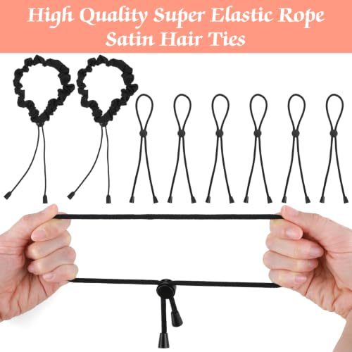 8Pcs Adjustable Length Satin Hair Ties Black Elastic Satin Hair Ties | Scrunchies, Anti-Slip Ponytail Band, Large Curly Ponytail Holder, for Women, Girls, Thick Curly Tress, Afro Puffs