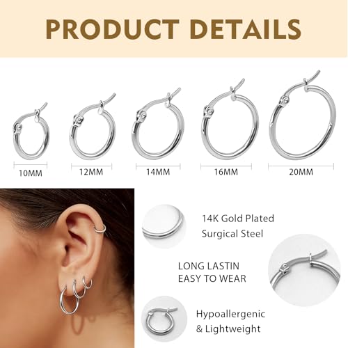 5 Pairs Silver Gold Small Hoop Earrings for Women Surgical Steel Huggie Set | 10 12 14 16 20 mm, Lightweight, Hypoallergenic, 14K Gold Plated 316L Stainless Steel Jewelry, Multiple Piercing - color: Silver/5 Pairs