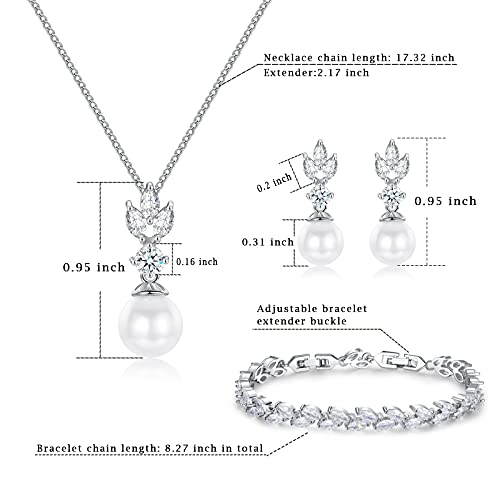 Wedding Jewelry for Bride Bridesmaid, Pearl Dangle Earrings and Pendant Necklace Set Bridal Jewelry for Promise Wedding Party - color: 1#Silver-1 Set-Necklace/Bracelet/Earrings