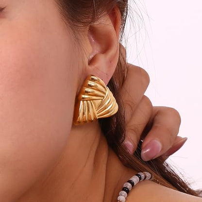 Geometric Ribbon Stud Earrings for Women, 14K Gold Plated Stainless Steel Hypoallergenic Chunky Statement Geometric Dangle Drop Earrings, Striped Stud Earrings - color: Gold