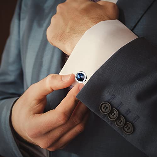 Mens Cufflinks Elegant Style Cuff Link Super Shiny Navy Blue Crystal Circular Cufflinks with Gift Box - color: Blue