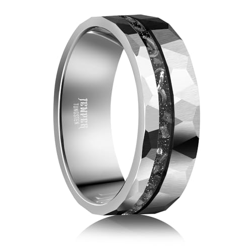 Tungsten Rings for Men Womens 8mm Black Fashion Promise Wedding Band Hammered Groove Meteorite Orbo Carbide Beveled Polished Edge Comfort Fit - color: silver iron filings