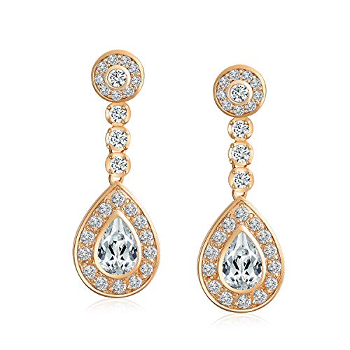 Bling Jewelry Statement Teardrop Cubic Zirconia AAA CZ Dangle Chandelier Screw Clip On Earrings For Women Silver Plated More Colors - color: Rose