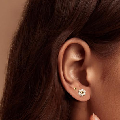 IMBOS Pearl Earrings 14k Gold Plated Daisy Flower Stud Earrings for Women Ball Stud Flat Back Earring Hypoallergenic Statement Earring Trendy Jewelry Gift for Women - color: Gold-Pearl Ball