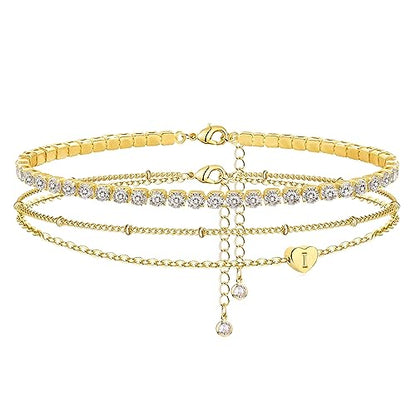 Yanoda Initial Ankle Bracelets for Women, 14K Gold Plated Waterproof Dainty Layered Heart Letter Initial Anklets Personalized Gifts - color: I