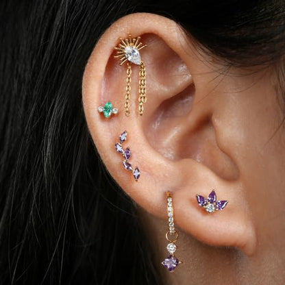 FINE4U 16G CZ Cluster Climber Cartilage Earring for Helix, Tragus - ASTM F136 Titanium Triple Marquise Labret Stud, Screw on Nickel Free Flat Back Jewelry - color: Five Marquise - Amethyst CZ - Gold