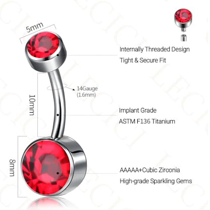 Titanium Floating Belly Button Rings 14G, ASTM F136 Implant-Grade Curved Barbell, Internal Thread with 6mm Teardrop Gems, Sparkle Navel Piercing Jewelry, 10mm/12mm Length - color: Silver-Red, size: 3/8"(10mm)