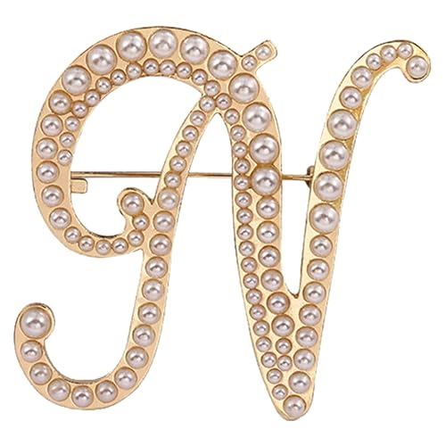 A-Z Initial 26 Letter Brooch Pins, Gold Faux Pearl Alphabet Badges Breastpin for Hat Bag Dress Coat Suit Accessory, Elegant Name Personalized Gifts for Women Men - color: N