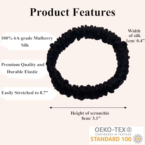 VLOMOT 3 Pcs Set 100% Pure Mulberry Silk Hair Scrunchies Hair Ties with 3 Chic Colors Everyday Skinny Scrunchies Silk Ponytail Holders Hair Care No Damage (Black) | Silk Hair Ties for Thin Hair with 3 Chic Colors Everyday Skinny Scrunchies Silk Ponytail H