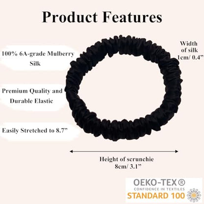 VLOMOT 3 Pcs Set 100% Pure Mulberry Silk Hair Scrunchies Hair Ties with 3 Chic Colors Everyday Skinny Scrunchies Silk Ponytail Holders Hair Care No Damage (Black) | Silk Hair Ties for Thin Hair with 3 Chic Colors Everyday Skinny Scrunchies Silk Ponytail H
