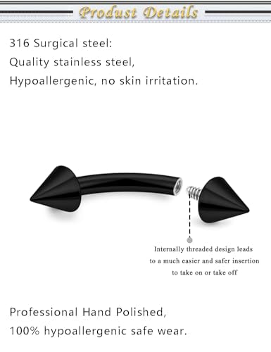 Internally Threaded Eyebrow Piercing Jewelry Surgical Steel Tiny Eyebrow Rings Vertical Labret Lip Jewelry Small Ear Rook Earring for Women Men 18g 16g 14g Plus Piercing Ball Grabber Tool - color: black, size: 14g,spike end