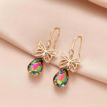 Austrian Crystal Teardrop Butterfly Drop Dangle Earrings for Women 14K Rose Gold Plated Hypoallergenic Jewelry - color: Vitrail Medium