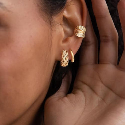 Women Gold Earrings Huggie Hoop Cubic Zirconia 14K Gold Plated Small Simple Hypoallergenic Everyday Jewelry - style: Braided