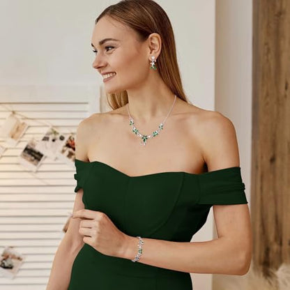 Crysdue Flower Leaf Wedding Jewelry Set for Bridal Bridemaid, Cubic Zirconia Teardrop Elegant Silver/14K/Rose Gold Plated Vine Necklace Dangle Earrings for Prom Party - style: B_Three Set Green
