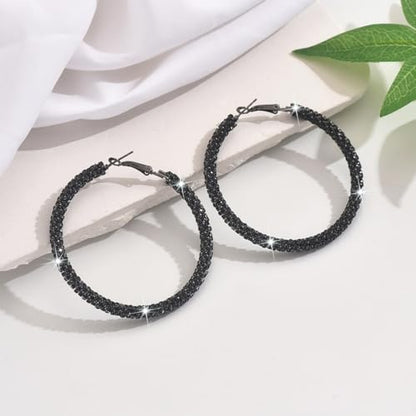 Large Gold Rhinestone Hoop Earrings Silver Sparkly Big Hoop Earrings for Women Black Earring Bling Chunky Silver Hoops 60mm Trendy Statement Earring for Women Bling Hoop for Prom Wedding Party Chunky Jewelry - style: Black Hoops 60mm