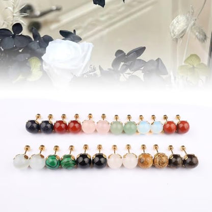 12 Pairs Multi Natural Gemstone Round Bead Ball Stud Earrings Stainless Steel Opal Tiger Eye Rose Quartz Onyx Stone Stud Earrings Set for Women - color: Gold flatback 6mm