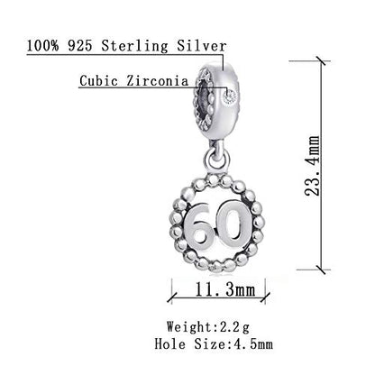 5,10,15,16,17,18,20,21,25,30,35,40,42,49,50,55,60,65,70 Number Charms for European Bracelet, 925 Sterling Silver Birthday Pendant Beads with CZ, Gifts for Mothers Day/Anniversary - color: Silver Color Number 60 Charm