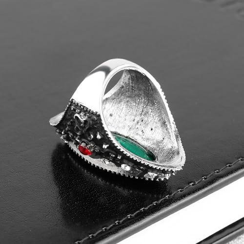 Vintage Green Gemstone & Red Crystal Statement Ring, Black Silver-Tone Band with Large Teardrop Stone Cocktail Rings, White/Red Crystal Accents Boho Ring,Gothic Retro Accessory Jewelry