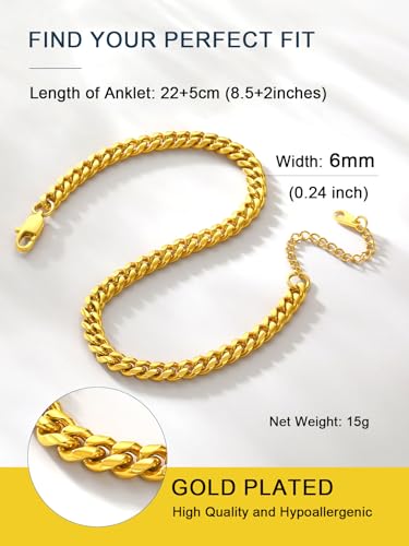 ChainsPro Resizable Anklet Chain for Women Men, Figaro/Wheat/Twist Rope/Cuban Foot Bracelet-Strong with Good Clasp-18K Gold Plated(Send Gift Box) - color: 01:curb-Gold Plated-6mm