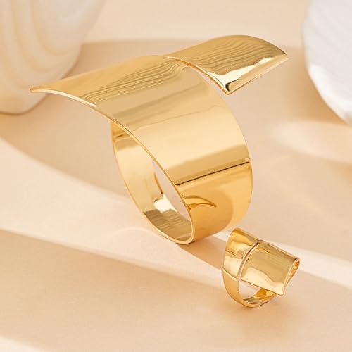 Gold Jewelry Sets for Women Bangle Ring Set Chunky Bangle Bracelet And Ring Statement Jewelry Set for Women - style: Gold-A