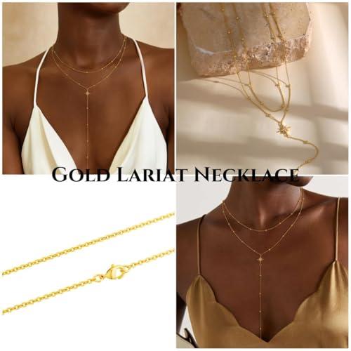 Lariat Necklaces for Women - Dainty Long Necklace Trendy 14K Gold Plated Hypoallergenic Layered Long Y-Shape Sunburst CZ T-Bar Pendant Drop Chain Necklace Set for Women Non Tarinsh Jewelry - style: layered bead sunburst-gd