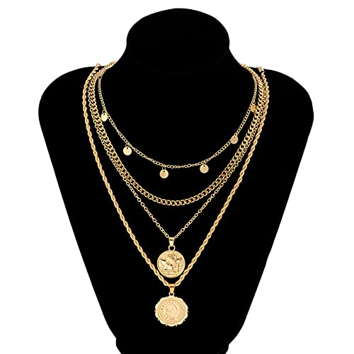MJartoria Layered Necklaces for Women Trendy Retro Coin Pendant Chain Necklaces Dainty Link Chain Choker Necklaces for Jewelry Birthday Gifts - color: Golden
