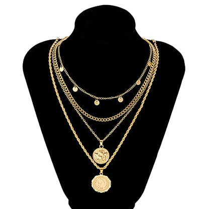 MJartoria Layered Necklaces for Women Trendy Retro Coin Pendant Chain Necklaces Dainty Link Chain Choker Necklaces for Jewelry Birthday Gifts - color: Golden