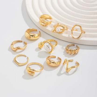 Airvess Gold Knuckle Rings for Women Trendy, Vintage Stackable Rings 14k Gold Plated Rings Sets Dainty Joint Finger Midi Ring Cute Rings Pack Festival Jewelry Gift - style: Chunky - 10Pcs