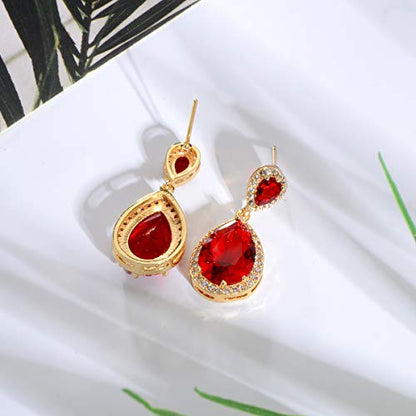 Bridal Jewelry Set for Wedding - 18k Plated Teardrop CZ Crystal Cubic Zirconia Rhinestone Necklace Earrings Set for Bride Bridesmaids Mother of Bride Party Prom Birthstone Costume Jewelry - color: Jul-Ruby
